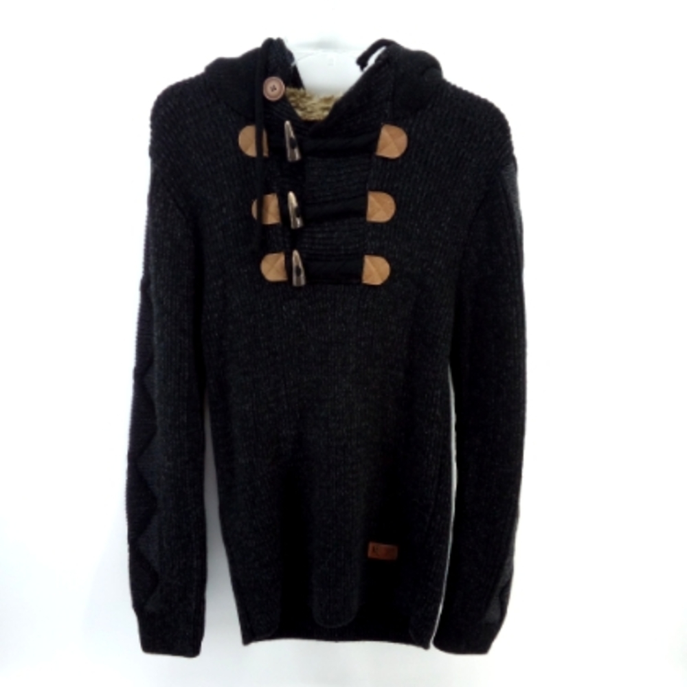 Leif Nelson Heavy Knit Sweater Jacket Fur Hood Pull Over Black M Wool Blend